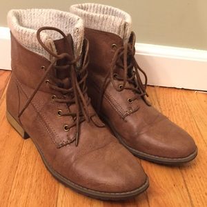 faux leather lace up ankle boot w/ sweater trim